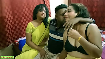 Indian Bengali fellow getting frightened to pummel 2 mummy bhabhi !! Hottest glamour three-way fucky-fucky