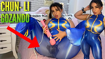 Wonderful costume play chick clad as Chun Li from street fighter frolicking with her htachi electro-hitachi jizzing and dousing her undies and trousers ahegao